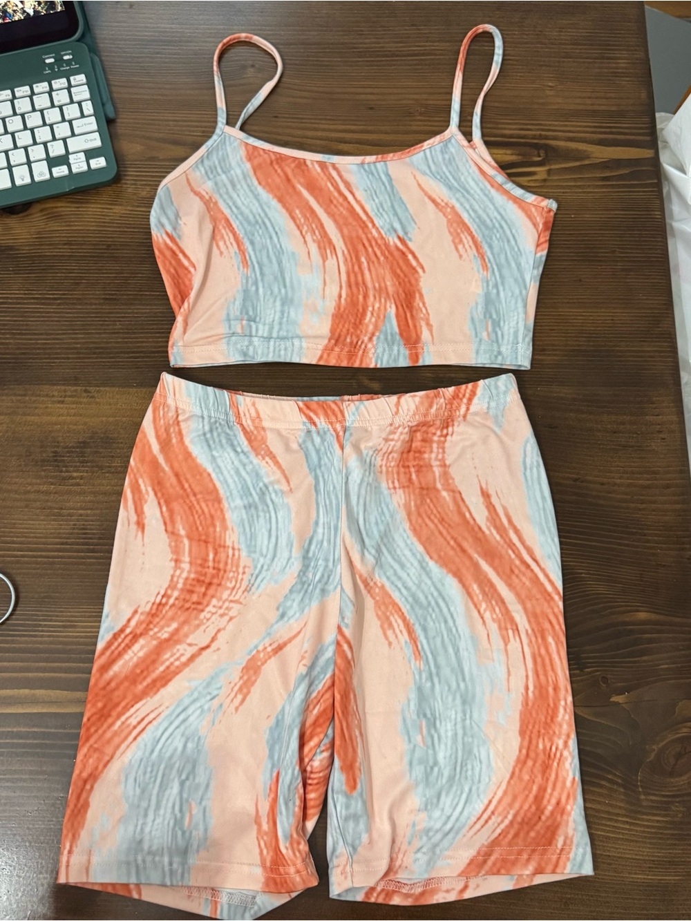 SHEIN Marble Print Crop tank Top & Biker Shorts Set. XS